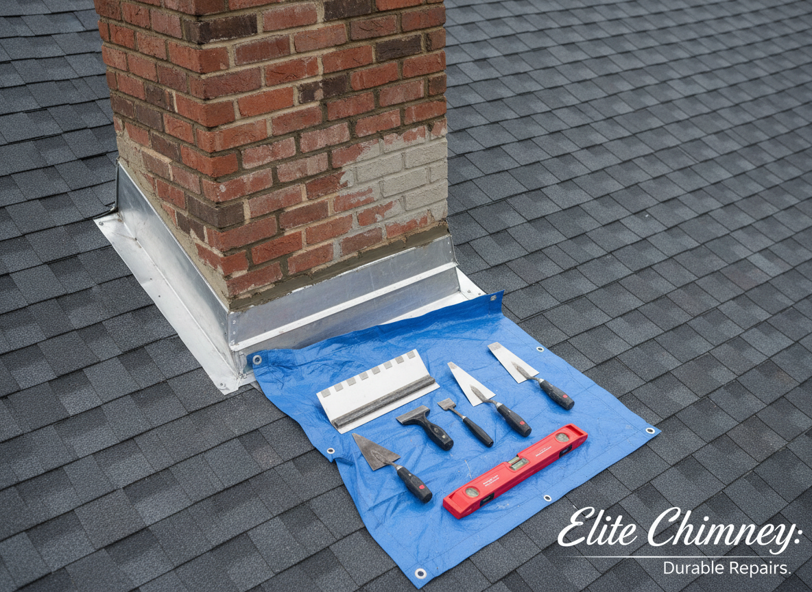 A detailed scene of a residential rooftop during a chimney repair, with no workers present. A brick chimney stands partially repointed, with segments of fresh, lighter-colored mortar contrasting against older, weathered joints. High-quality tools—trowels, a mortar hawk, and a digital level—are neatly laid out on a protective tarp beside the chimney. The roof is covered in clean asphalt shingles, with properly installed step flashing visible along the chimney base. Captured from a slightly elevated angle in soft overcast daylight, minimizing harsh shadows while preserving rich texture. The composition follows the rule of thirds, with the chimney as the dominant subject, conveying professionalism, precision, and Elite Chimney’s commitment to durable repairs in photographic realism.