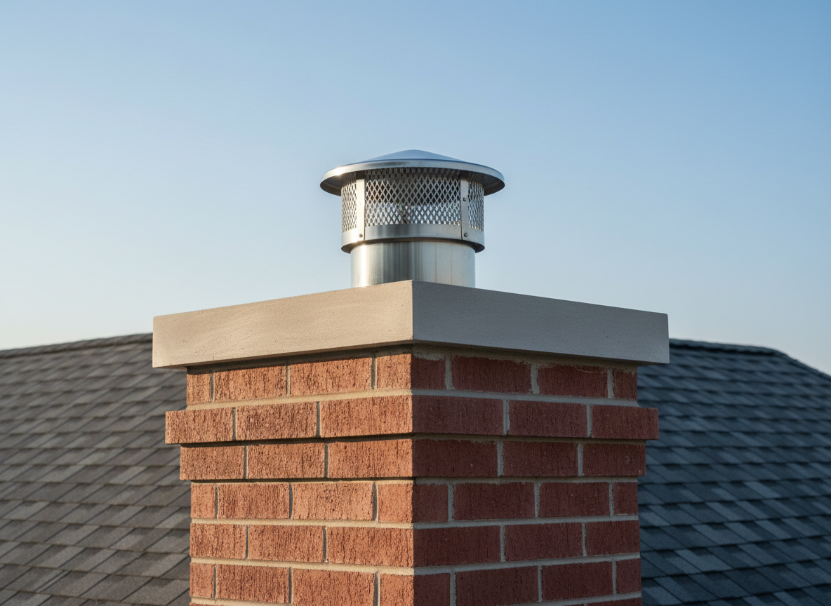 A pristine chimney crown freshly formed from smooth, light-gray concrete, its edges crisp and slightly sloped to shed water away from the brickwork below. A stainless steel flue liner protrudes neatly through the center, topped with a high-quality mesh chimney cap designed to keep out rain and debris. The surrounding brick courses appear even and structurally sound, with properly tooled mortar joints. The crown is shown from a close, slightly overhead perspective, against the backdrop of a clean, well-maintained roof and soft, blue New York sky. Gentle, late-morning natural light casts subtle highlights across the concrete surface, emphasizing craftsmanship. The mood is confident and secure, with photographic realism showcasing preventative maintenance done right.