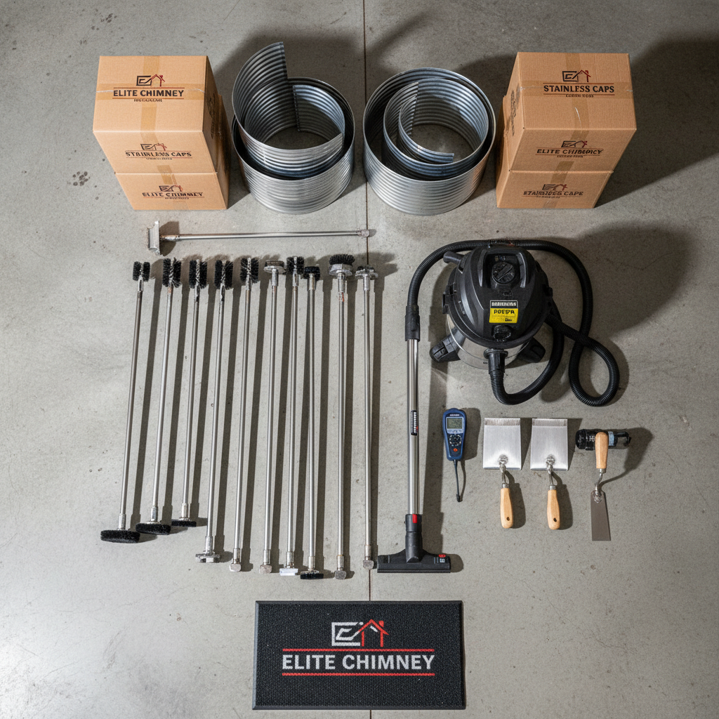 An organized array of professional chimney service equipment laid out on a clean concrete garage floor, symbolizing Elite Chimney’s readiness and professionalism. A powerful rotary chimney brush system, flexible rods, industrial vacuum with HEPA filter, moisture meter, inspection camera, and high-quality trowels sit in neat parallel lines. Nearby, boxes of stainless steel chimney caps and lengths of insulated stainless steel liner are stacked methodically. Overhead LED shop lighting creates bright, even illumination with crisp shadows, emphasizing the pristine condition of every tool. Shot from a directly overhead, flat-lay perspective with sharp focus, the image feels orderly, precise, and trustworthy. The aesthetic is clean, modern, and photographic, clearly representing a safety-focused, fully equipped chimney service company.