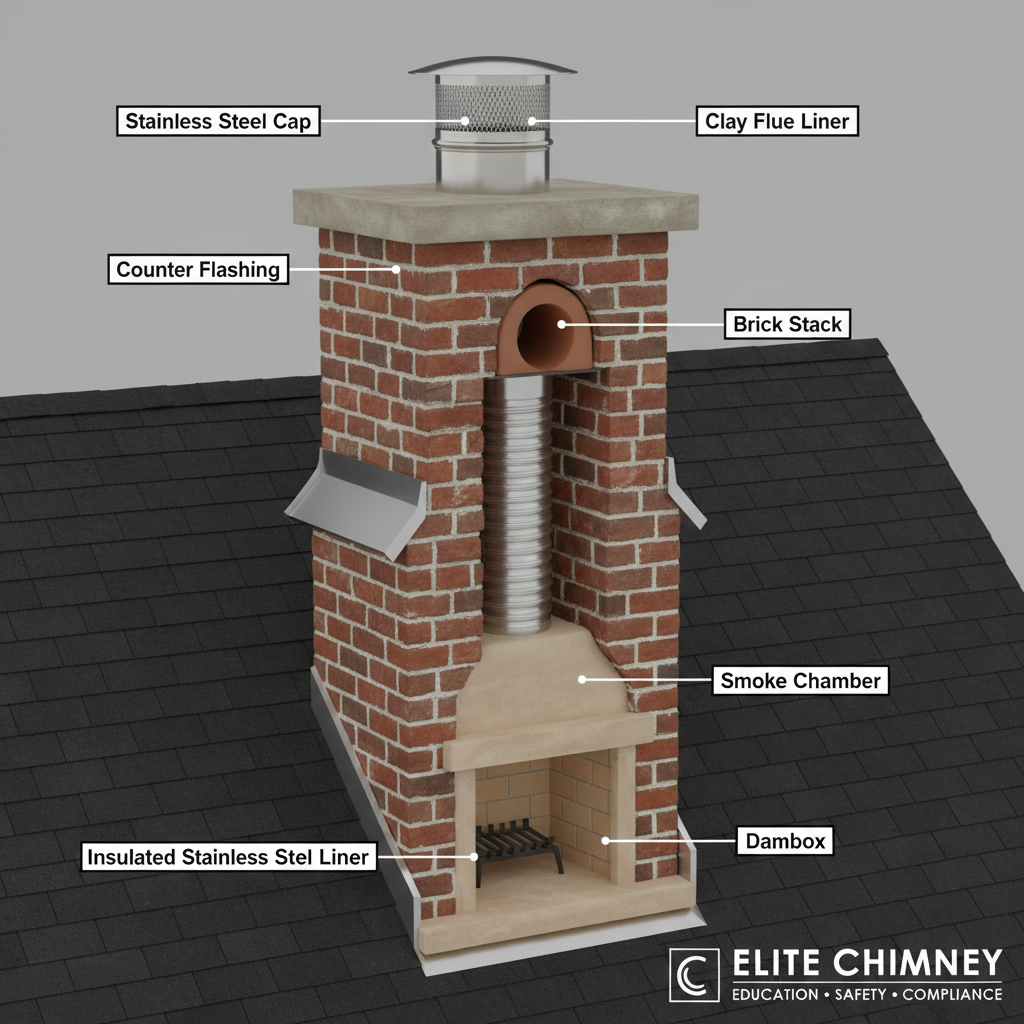 A cutaway-style photographic scene of a home’s chimney and roof system, designed for educational use on a chimney service website. The brick chimney stack, clay flue liner, stainless steel cap, shoulders, and crown are all visible, along with properly integrated step and counter flashing where chimney meets asphalt shingle roof. Inside the cutaway, an insulated stainless steel liner runs down to a clean, lined firebox and smoke chamber. Neutral studio lighting evenly illuminates every component, minimizing shadows so labels and structural details stand out clearly. Captured at a straight-on, eye-level angle with sharp focus, the mood is informative and professional, conveying Elite Chimney’s emphasis on education, safety, and building-code-compliant installations in crisp photographic realism.