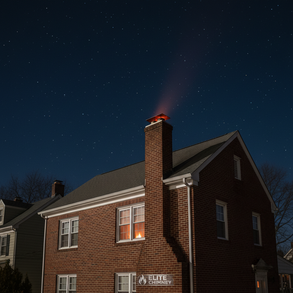 A nighttime exterior of a classic brick house with a flawless, newly serviced chimney, its stainless steel cap gleaming faintly under a clear, starry New York sky. A soft, warm glow from the interior fireplace subtly illuminates the brickwork around the chimney stack, suggesting efficient, safe operation. The roofline is clean and straight, with neat shingles catching minimal reflected light. The background features faint silhouettes of neighboring roofs and bare winter trees. Captured in photographic realism from a low-angle street perspective, the composition emphasizes the chimney against the quiet, dark sky. The atmosphere is calm, secure, and reassuring, underscoring Elite Chimney’s role in safe, reliable home comfort during colder seasons.