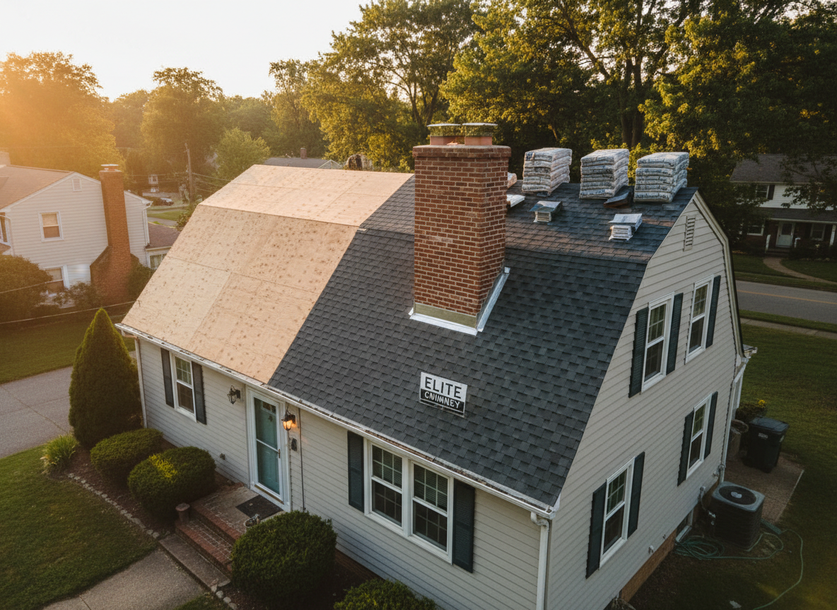 A broad, cinematic view of a full roof and chimney replacement in progress on a mid-sized New York home, with no people present. Half the roof is stripped to its clean plywood decking, while the other half displays newly installed architectural shingles in a rich charcoal color. A tall, straight brick chimney at the roofline shows freshly repointed joints and new step flashing carefully woven into the shingles. Bundles of roofing material and neatly stacked vent components sit organized near the ridge. Captured at golden hour from a slightly elevated, wide-angle perspective, warm light glows across the surfaces, creating long, reassuring shadows. The composition balances roof and chimney, visually narrating Elite Chimney’s integrated roof and chimney expertise in clean, photographic realism.