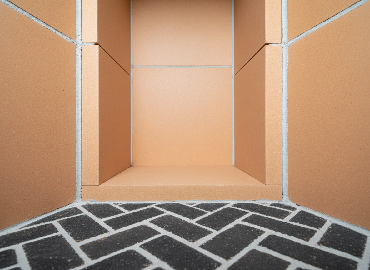 A close-up, ultra-detailed view of a clean, newly swept fireplace flue interior made of smooth clay flue tiles, their light terracotta surfaces free of soot or creosote. At the bottom edge of the frame, a neatly brushed firebox floor of dark firebrick is visible, showing precise, intact grout lines. Soft, diffused overhead work lighting creates even illumination down the length of the flue, revealing subtle texture and craftsmanship. Shot from a slightly low angle looking upward, with sharp focus throughout to highlight safety and cleanliness. The atmosphere is reassuring and meticulous, in a photographic realism style that communicates thorough chimney maintenance and preventative care.